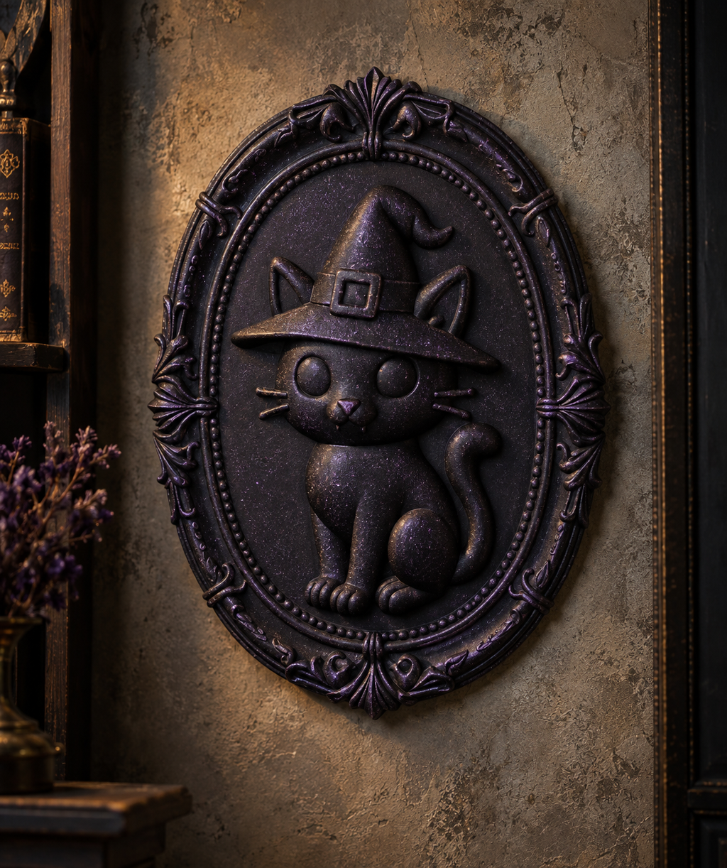 The Familiar's Ward — Witch Cat Wall Plaque by Gremlin Relics