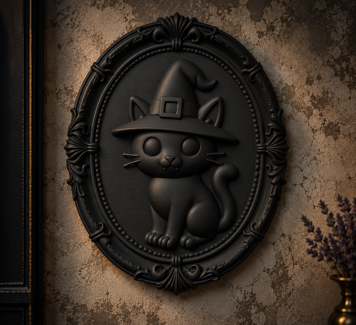 The Familiar's Ward — Witch Cat Wall Plaque by Gremlin Relics