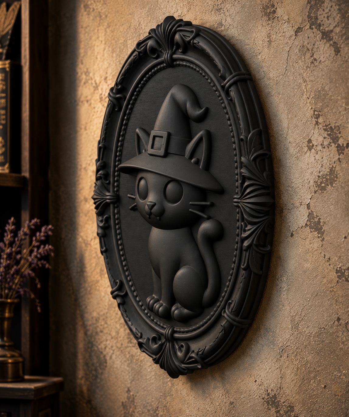 The Familiar's Ward — Witch Cat Wall Plaque by Gremlin Relics