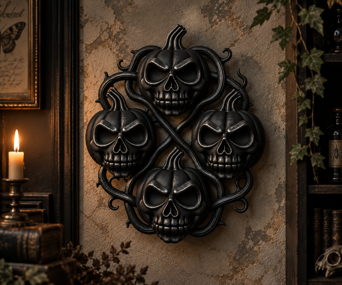 The Harvest Wake — Pumpkin Skull Halloween Wreath by Gremlin Relics