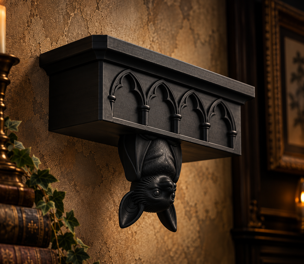 The Cathedral Roost — Gothic Bat Cathedral Wall Shelf by Gremlin Relics