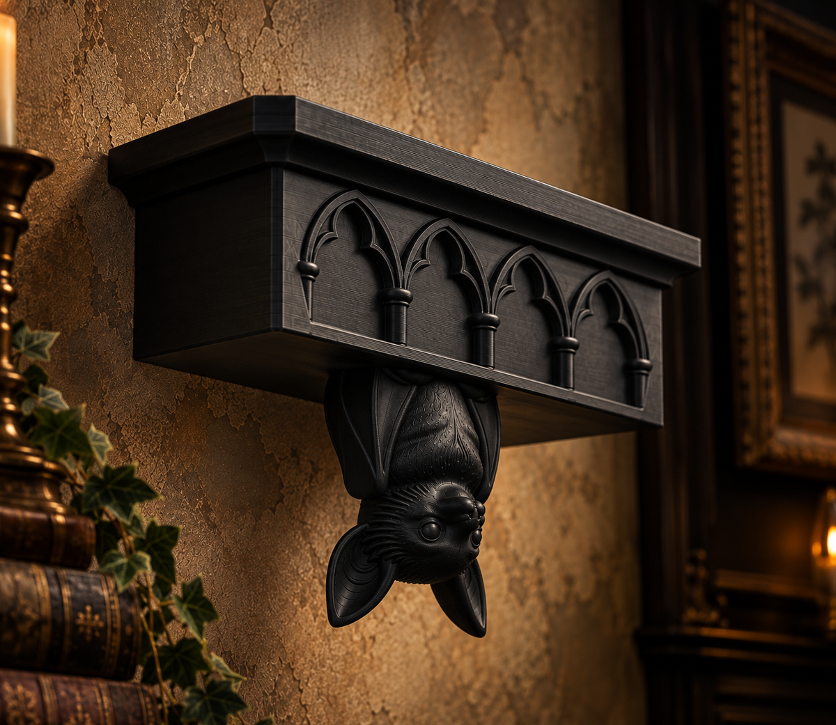 The Cathedral Roost — Gothic Bat Cathedral Wall Shelf by Gremlin Relics