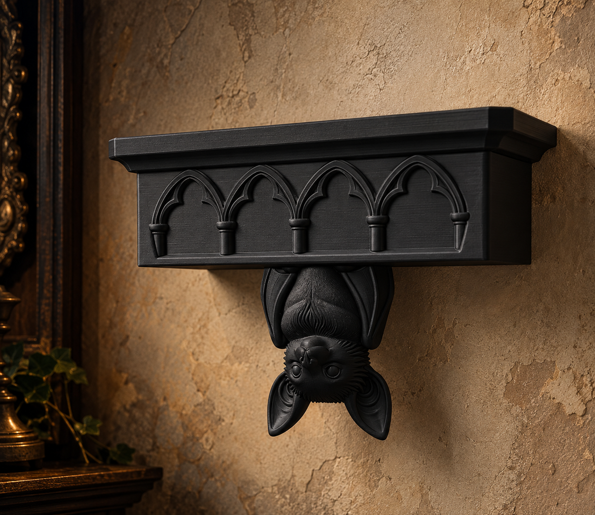 The Cathedral Roost — Gothic Bat Cathedral Wall Shelf by Gremlin Relics