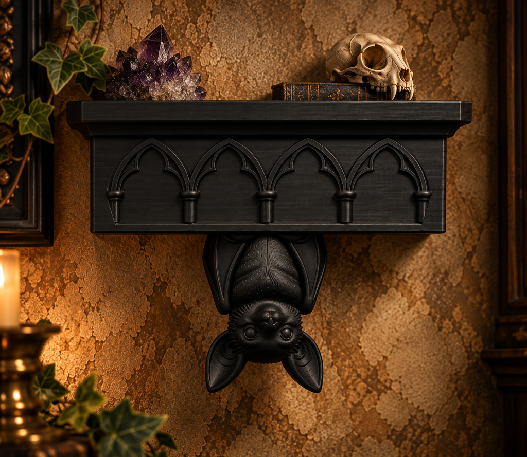 The Cathedral Roost — Gothic Bat Cathedral Wall Shelf by Gremlin Relics