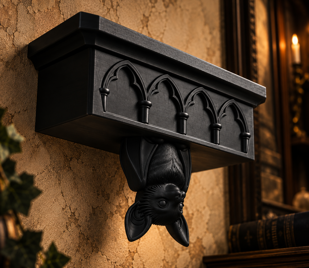 The Cathedral Roost — Gothic Bat Cathedral Wall Shelf by Gremlin Relics