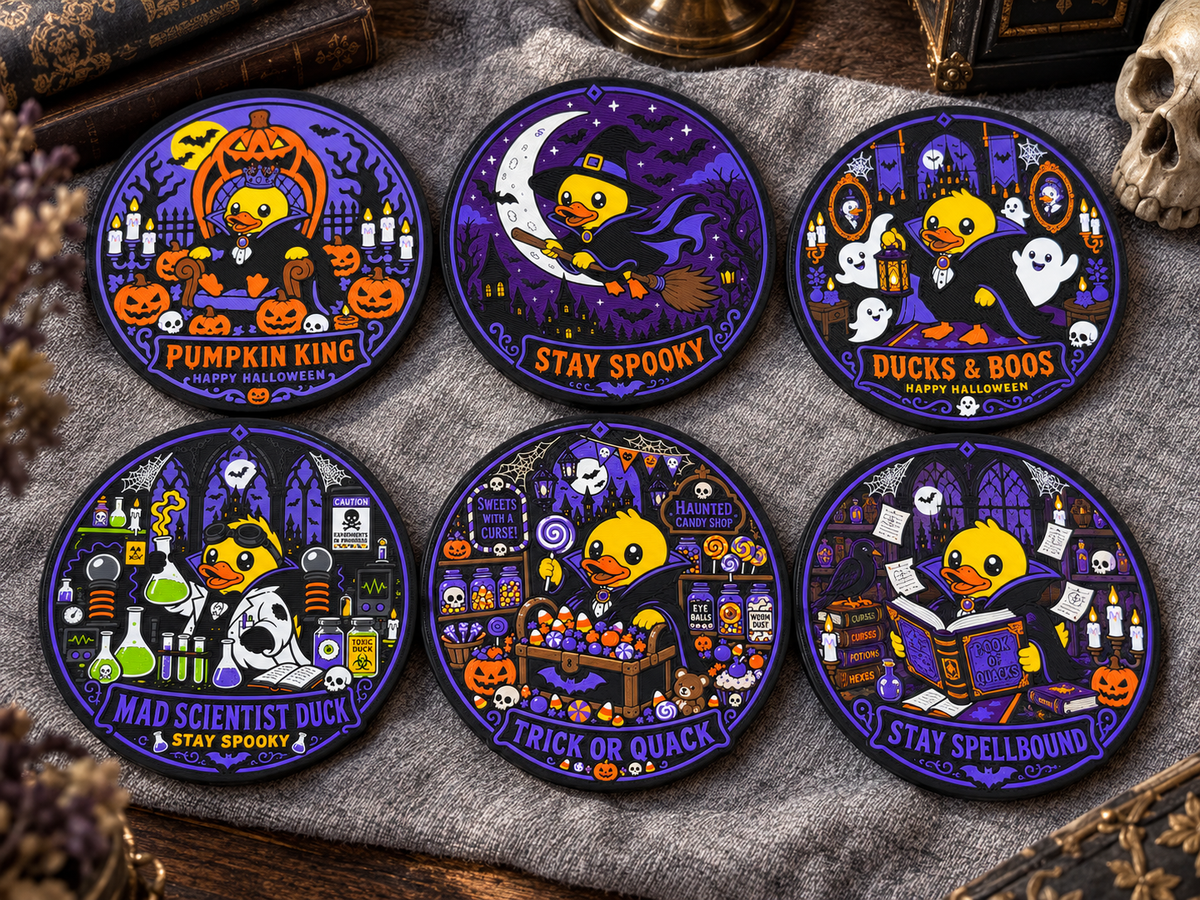 Six round Halloween-themed duck coasters printed on, arranged on a gray fabric surface with decorative props including a skull, books, and dried flowers. The designs feature purple backgrounds with pumpkins, ghosts, bats, cauldrons, and spooky text such as 'Pumpkin King,' 'Stay Spooky,' 'Ducks & Boos,' 'Mad Scientist Duck,' 'Trick or Treat,' and 'Stay Spellbound.