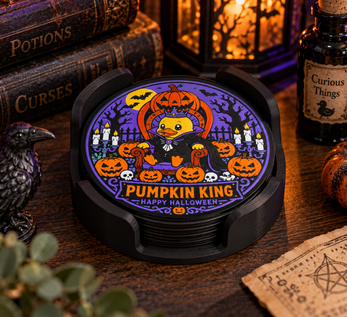 A set of black coasters with a circular printed design featuring a cartoon duck in a pumpkin costume on a purple Halloween background, styled on a wooden table with books, a raven figurine, and a lantern.