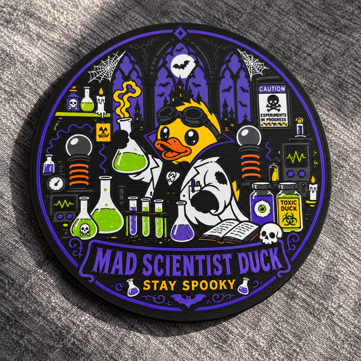 A round black coaster featuring a colorful cartoon illustration of a duck in a lab coat labeled 'Mad Scientist Duck' with the phrase 'Stay Spooky' on a textured gray background.