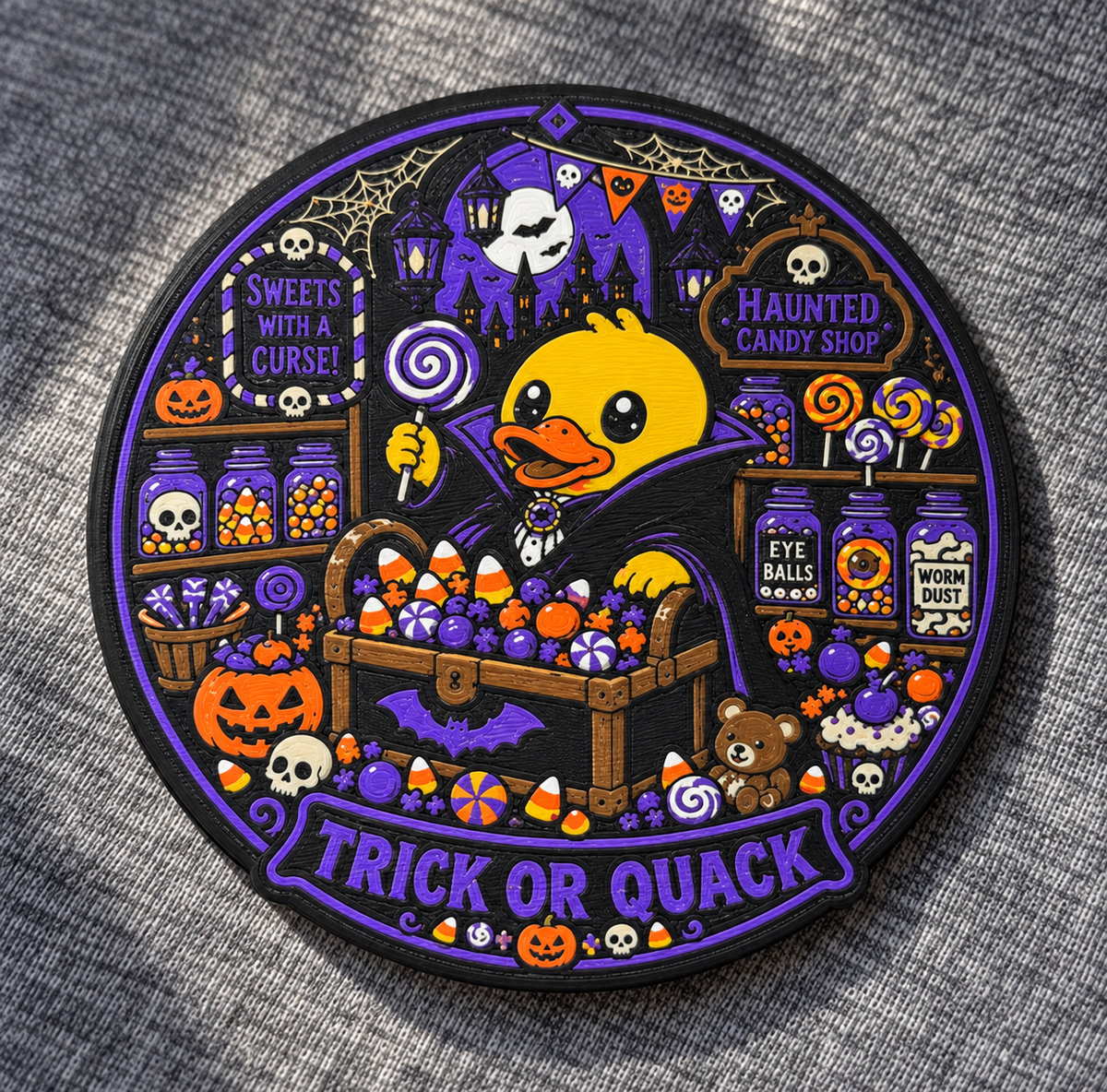 A circular Halloween-themed coasterfeaturing a yellow duck in a purple cape surrounded by candy, pumpkins, skulls, and spooky shop signs, placed on a gray textured fabric background.